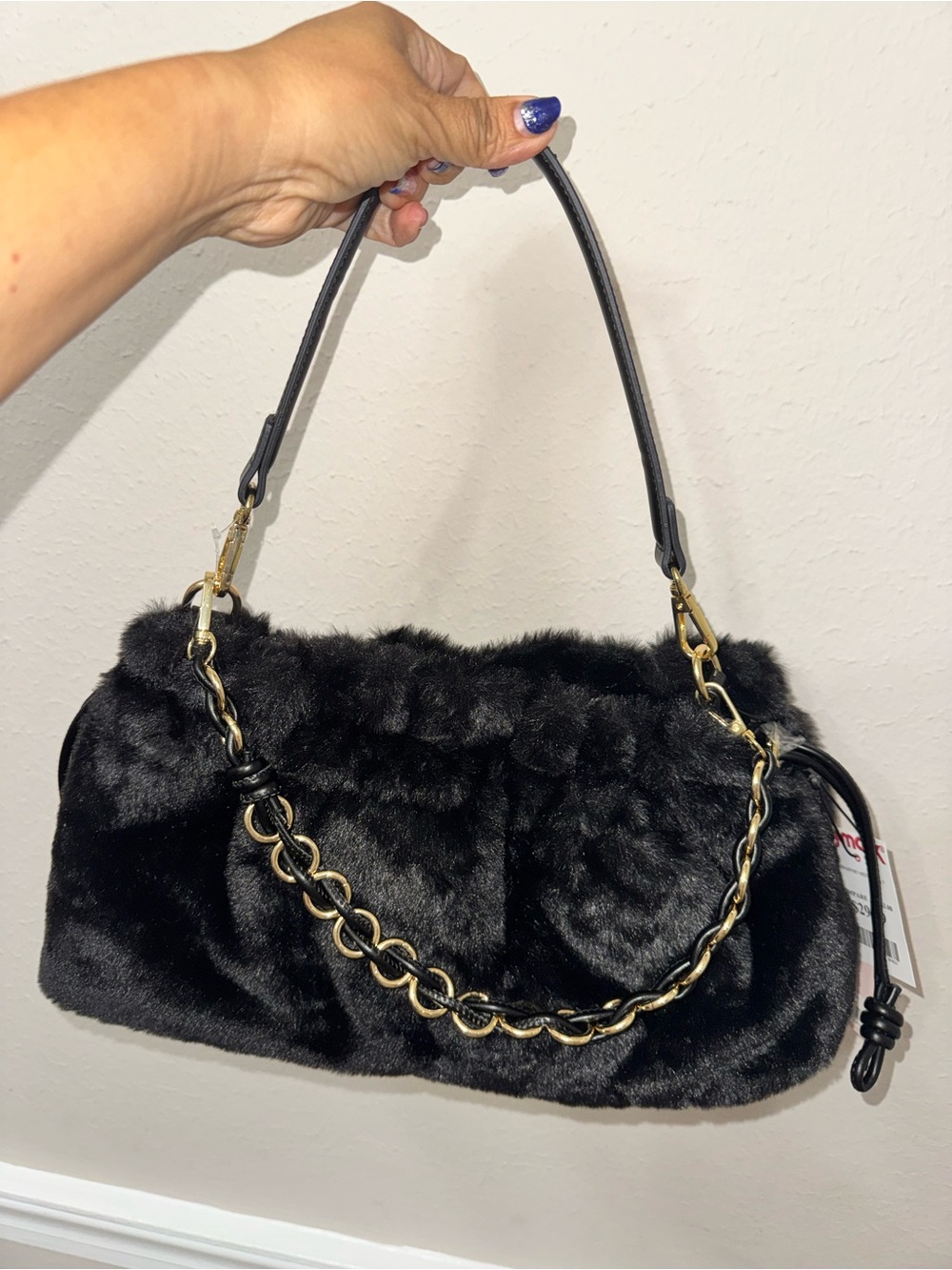 BCBGeneration Black Faux Fur Shoulder Bag with Gold Chain